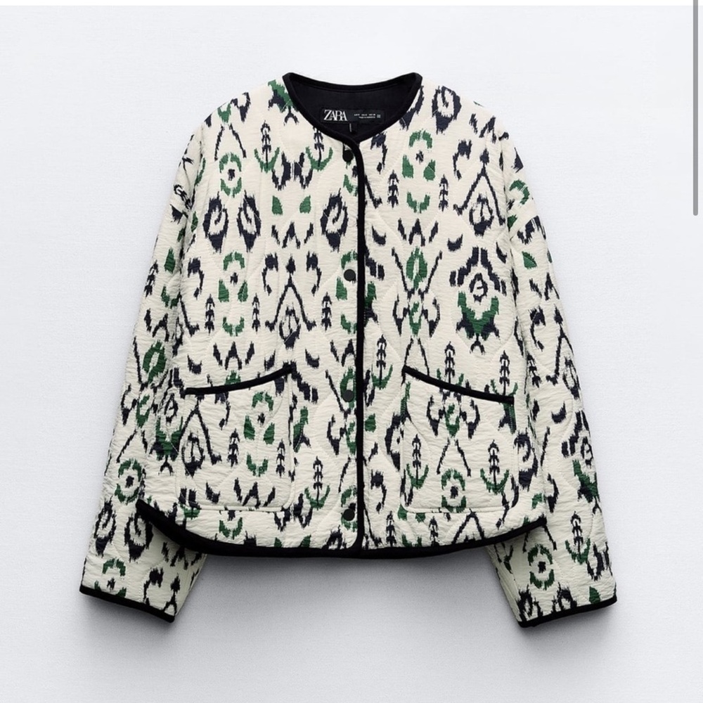 Zara Print Puffer Jacket Ecru Quilted